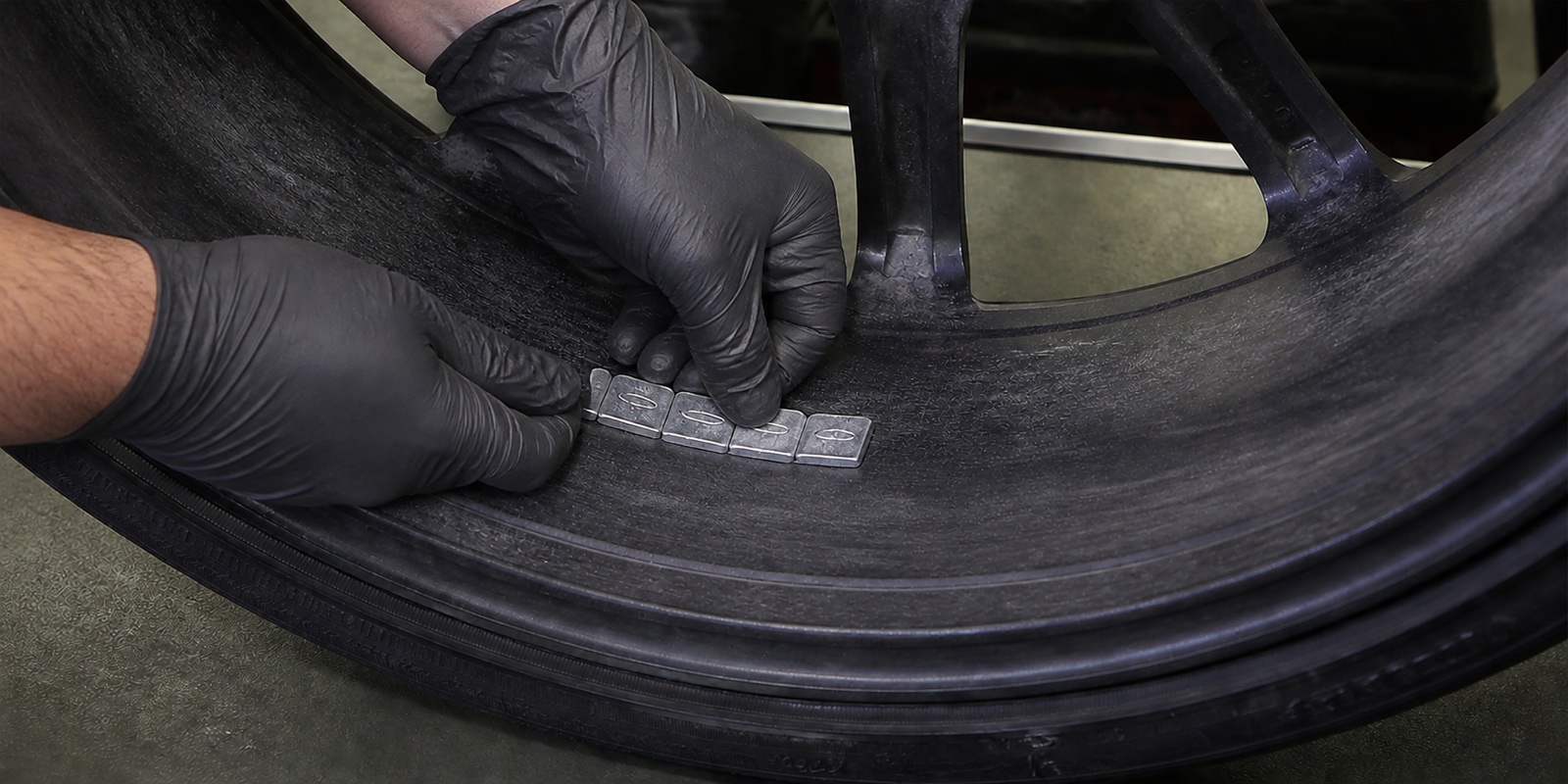 Technician applying new adhesive wheel weights to the prepared area